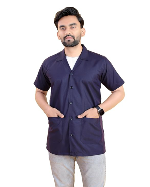 Polyester Blend Fabric Half Sleeves Professional Blue Lab Coat