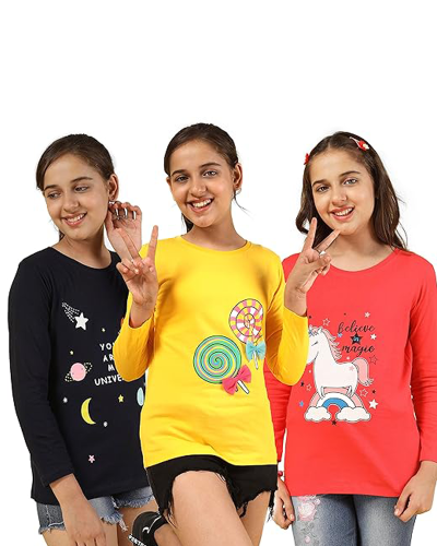 KIDS Girls Cotton Printed Full Sleeve Regular Fit T-Shirt