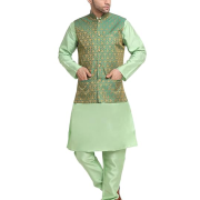 Mens Sea Green Silk Blend Kurta and Churidar Set with Jacquard Paisley Nehru Jacket