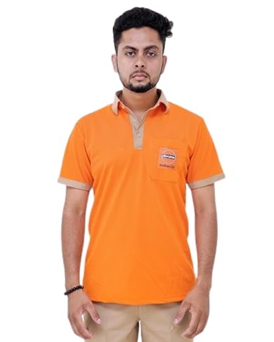 Indian Oil Petrol Pump Staff Uniform T-Shirt, Orange with Khaki Trim, Corporate Logo