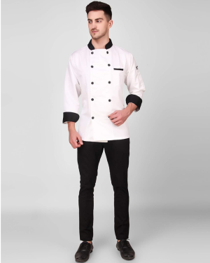 Men’s And Women’s Casual Style White Chef Coat Black Contrast, Polycotton