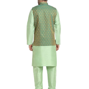Mens Sea Green Silk Blend Kurta and Churidar Set with Jacquard Paisley Nehru Jacket