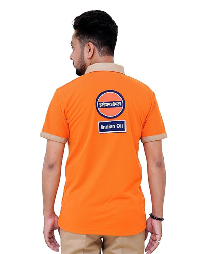 Indian Oil Petrol Pump Staff Uniform T-Shirt, Orange with Khaki Trim, Corporate Logo