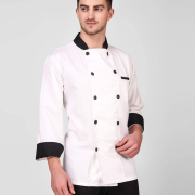 Men’s And Women’s Casual Style White Chef Coat Black Contrast, Polycotton