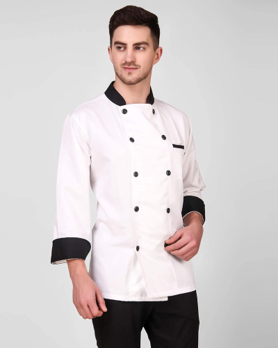 Men’s And Women’s Casual Style White Chef Coat Black Contrast, Polycotton