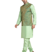 Mens Sea Green Silk Blend Kurta and Churidar Set with Jacquard Paisley Nehru Jacket