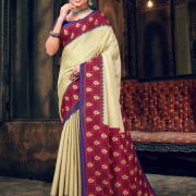 Katrela Women’s Maroon, Blue Strip and Gold Soft Silk Cotton Saree With Blouse Piece