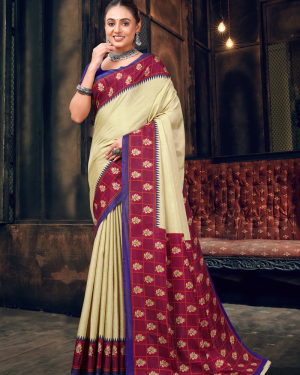 Katrela Women’s Maroon, Blue Strip and Gold Soft Silk Cotton Saree With Blouse Piece