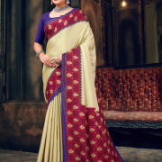 Katrela Women’s Maroon, Blue Strip and Gold Soft Silk Cotton Saree With Blouse Piece