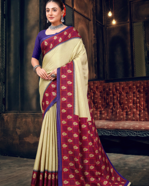 Katrela Women’s Maroon, Blue Strip and Gold Soft Silk Cotton Saree With Blouse Piece