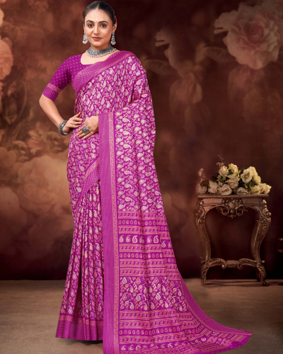 Katrela Women’s Dark Pink with Flower Design Soft Silk Cotton Saree With Blouse Piece