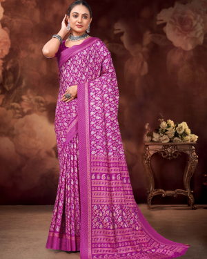 Katrela Women’s Dark Pink with Flower Design Soft Silk Cotton Saree With Blouse Piece