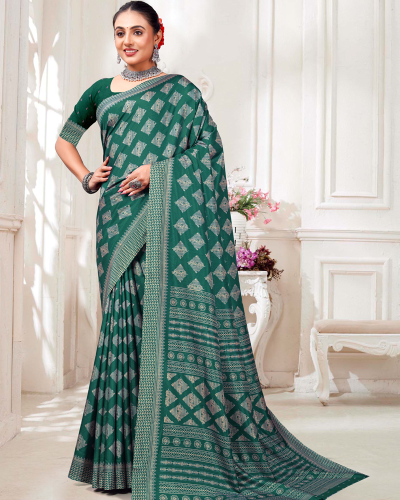Katrela Women’s Myrtle Green with Diamond Design Soft Silk Cotton Saree With Blouse Piece