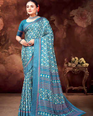 Katrela Women’s Cool Blue with Dark Cyan Soft Silk Cotton Saree With Blouse Piece