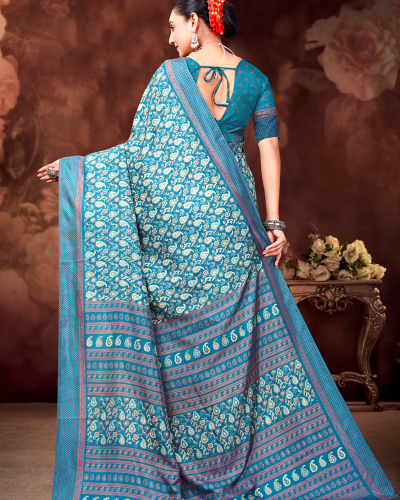 Katrela Women’s Cool Blue with Dark Cyan Soft Silk Cotton Saree With Blouse Piece