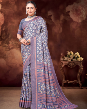 Katrela Women’s dark blue grey with Flower Design Soft Silk Cotton Saree With Blouse Piece