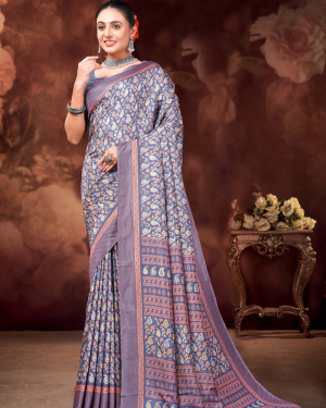 Katrela Women’s dark blue grey with Flower Design Soft Silk Cotton Saree With Blouse Piece