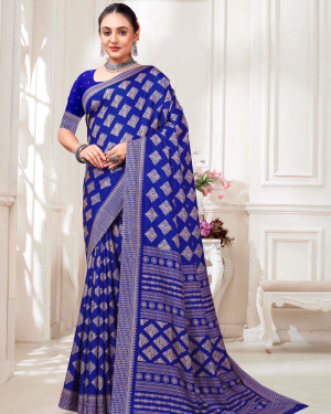 Katrela Women’s Dark Slate Blue with Design Soft Silk Cotton Saree With Blouse Piece