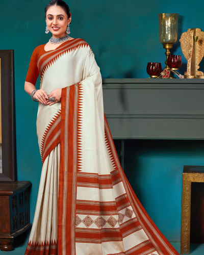 Katrela Women’s teagreen with orange brown lining Soft Silk Cotton Saree With Blouse Piece