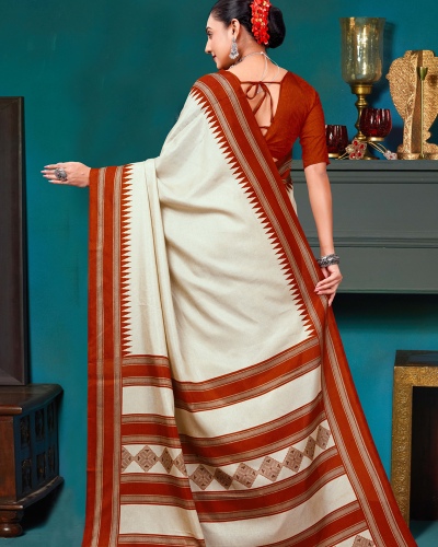 Katrela Women’s teagreen with orange brown lining Soft Silk Cotton Saree With Blouse Piece