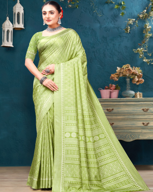 Katrela Women’s Green Mist with Design Soft Silk Cotton Saree With Blouse Piece