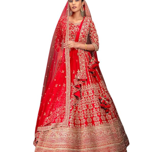 Women's Crimson Red Panel Style Silk Bridal Lehenga
