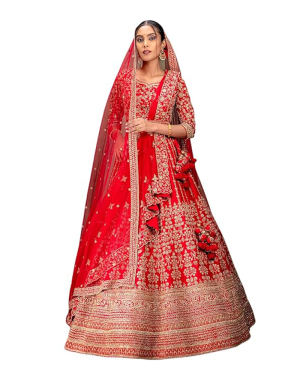 Women’s Crimson Red Panel Style Silk Bridal Lehenga