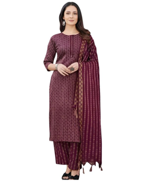 Salwar Kameez Suit Set in Cotton Blend Green & Maroon Printed Design Office Wear