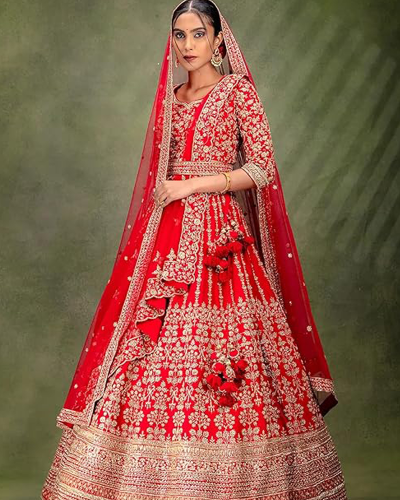 Women’s Crimson Red Panel Style Silk Bridal Lehenga