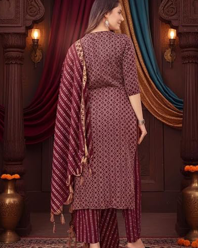 Salwar Kameez Suit Set in Cotton Blend Green & Maroon Printed Design Office Wear