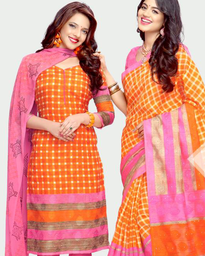 Women’s Orange Checked Salwar Kameez Set with Dupatta, Traditional Indian Ethnic Dress