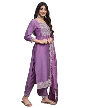 Women’s Purple Embroidered Salwar Kameez Set with Dupatta, Traditional Indian Ethnic Dress