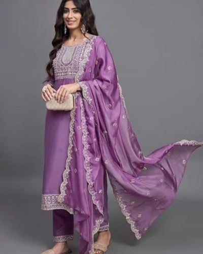 Women’s Purple Embroidered Salwar Kameez Set with Dupatta, Traditional Indian Ethnic Dress