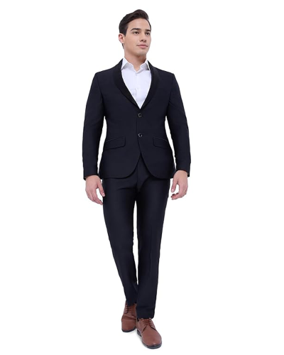 Raymond Men Slim Fit Solid Pattern Poly Rayon Blend Shawl Collar Full Sleeve Formal Suit Black