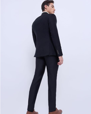 Raymond Men Slim Fit Solid Pattern Poly Rayon Blend Shawl Collar Full Sleeve Formal Suit Black