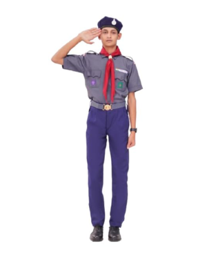 Scouts And Guides Uniform for Boys, Grey Shirt with Badges, Navy Blue Trousers, Red Scarf, Navy Blue Beret All Size